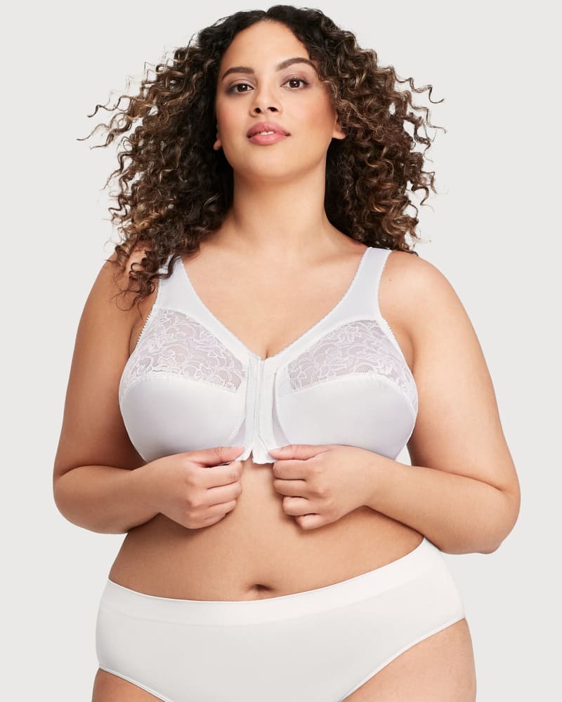 Front of a model wearing a size 52I MagicLift Front-Closure Support Bra in White by Glamorise. | dia_product_style_image_id:262944